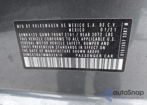 2021 Volkswagen Jetta 1.4T R-Line/1.4T S/1.4T Se z USA, uszkodzony, nr VIN 3VWC57BU7MM032810